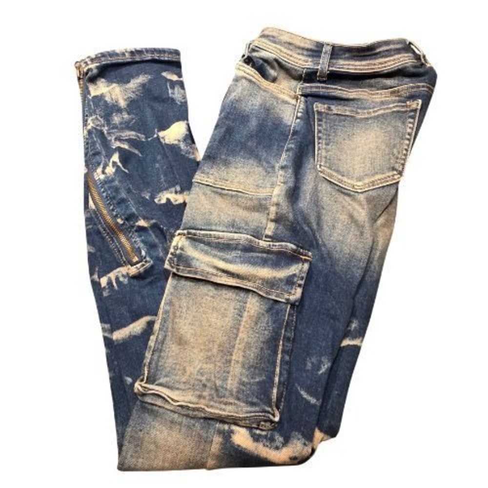 RedFox Bleach Wash Stacked Cargo Jeans Small Denim Streetwear Slim Fit Flare Zip